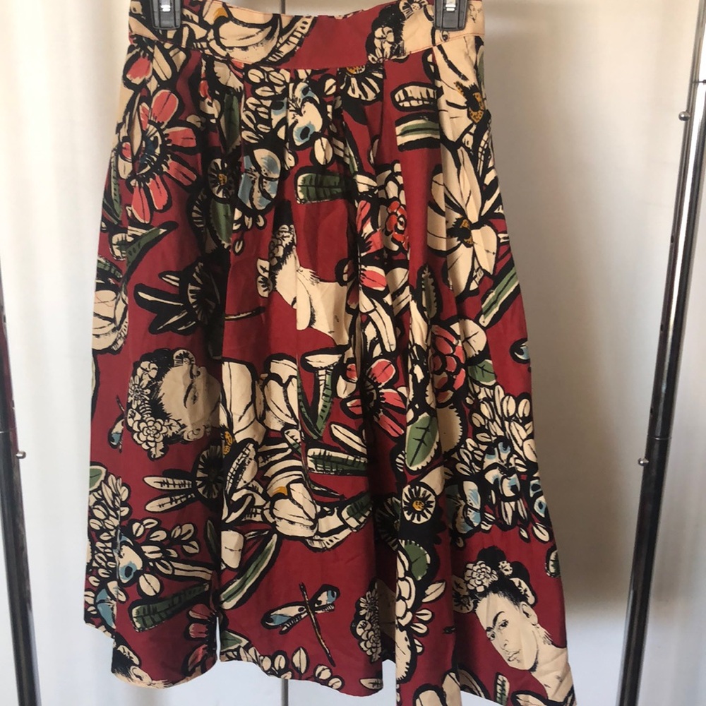 Retrolicious Red Floral A-Line Skirt with Cream & Green Accents